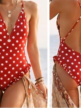 Classic Red With White Polka Dots One-Piece Swimsuit L, Ruffle Leg NWOT